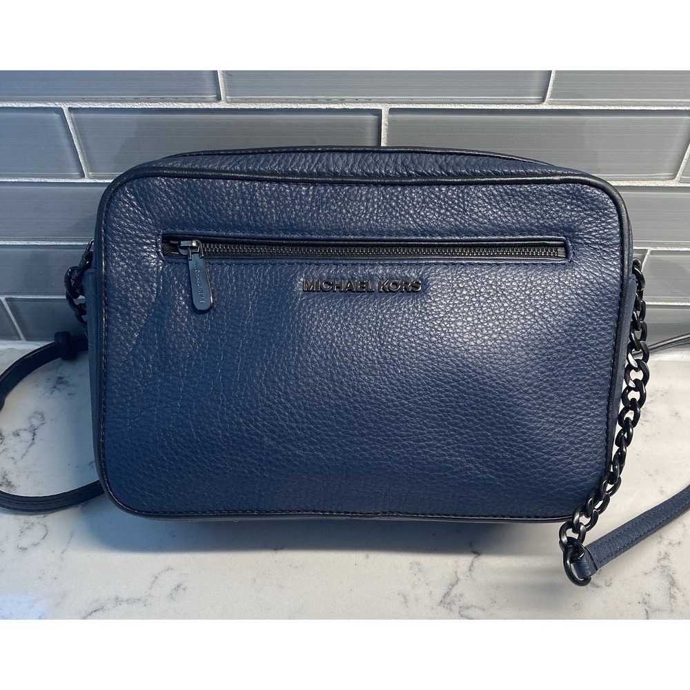 Michael Kors Jet Set Dark Blue Pebble Leather Crossbody Bag 9" x 7" x 2.5"